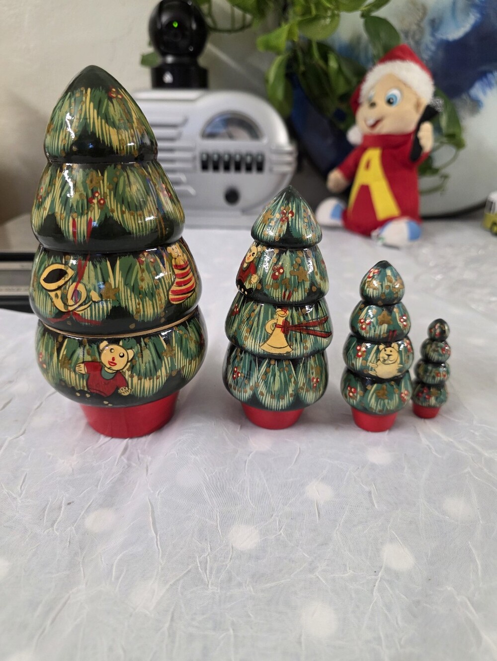 Vintage MCM Hand painted Russian Wooden Christmas tree.